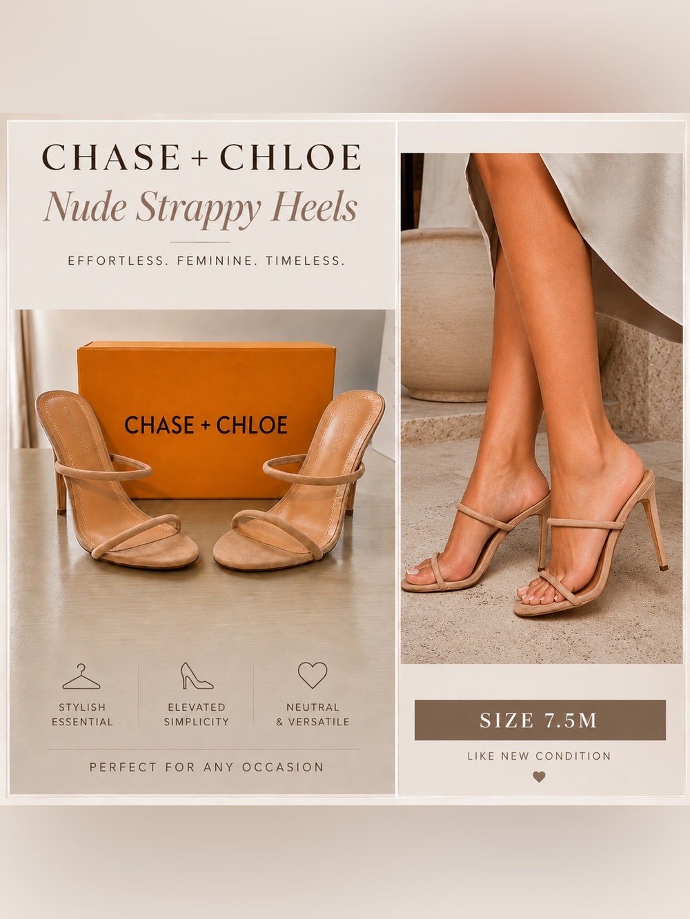 Chase + Chloe Nude Sandals Double Strap Stiletto Heel 7.5 Clayton with Box
